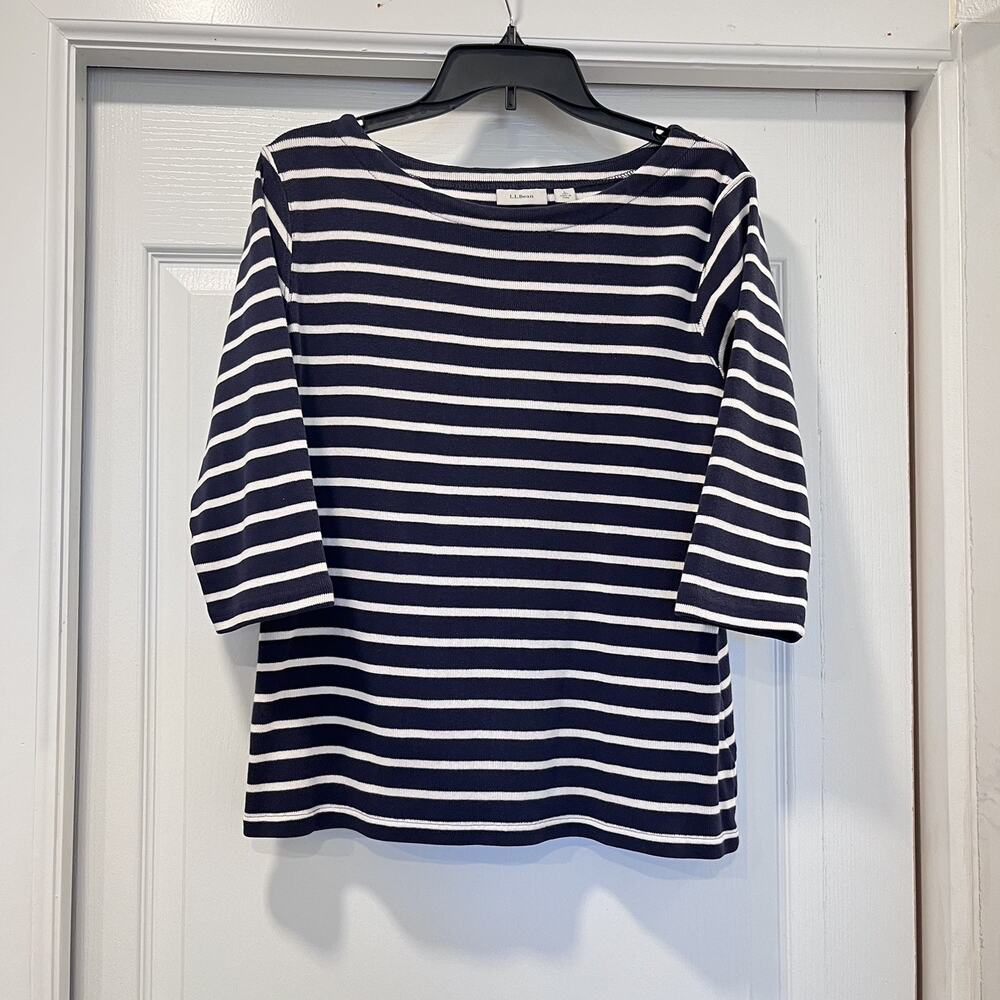 LL Bean Sz Large Navy Striped Thick Knit Top Short Sleeve Nautical Classic